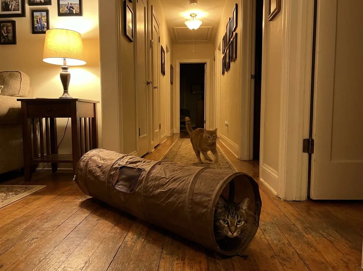 Tabby cat peeking out of a brown crinkle play tunnel on a hallway floor while an orange cat trots toward it under evening lamp light