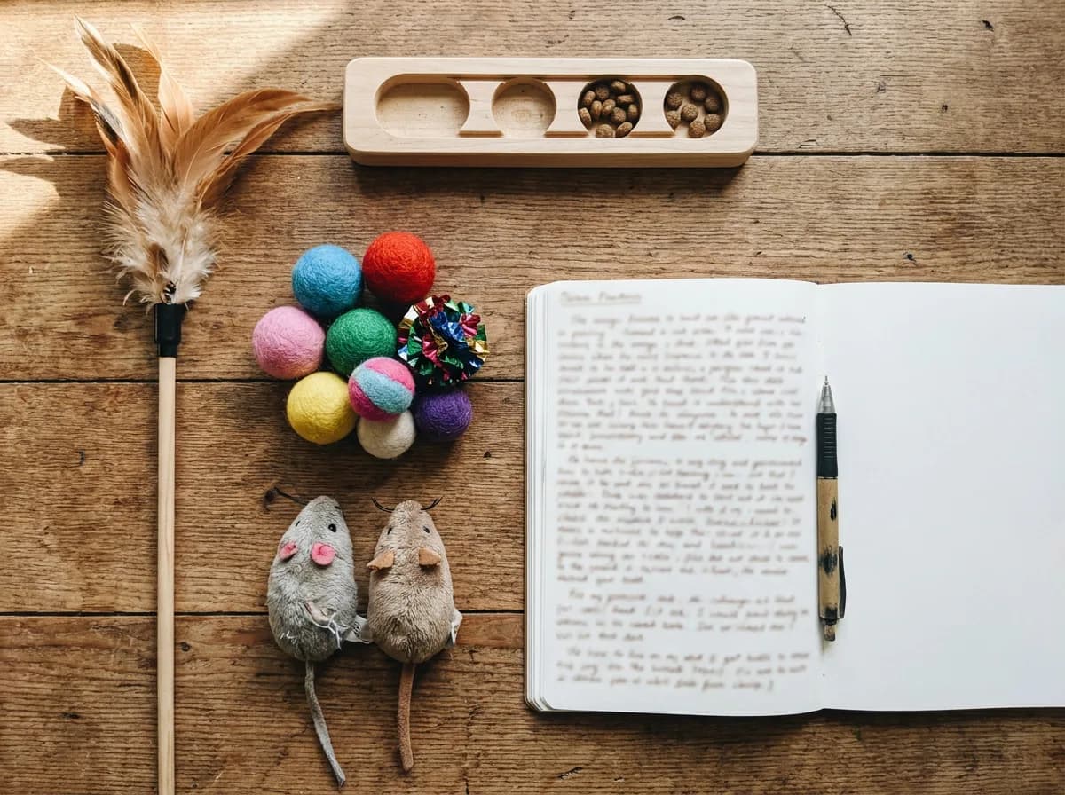 Top-down flat lay of cat toys on a wooden desk, including a feather wand, felt balls, a crinkle ball, two plush mice and a wooden treat puzzle beside an open notebook with handwritten notes and a pen