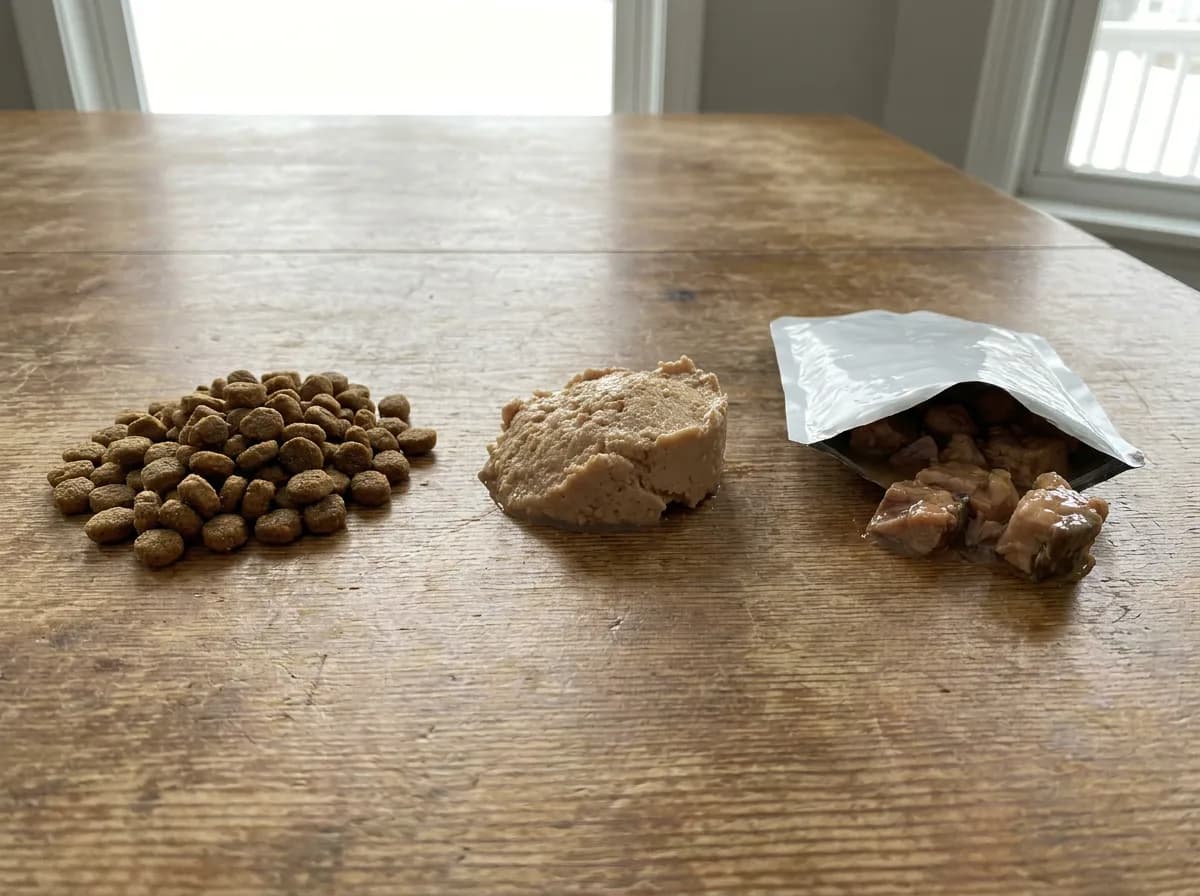 Dry kibble, a portion of wet food and an open pouch on a table.