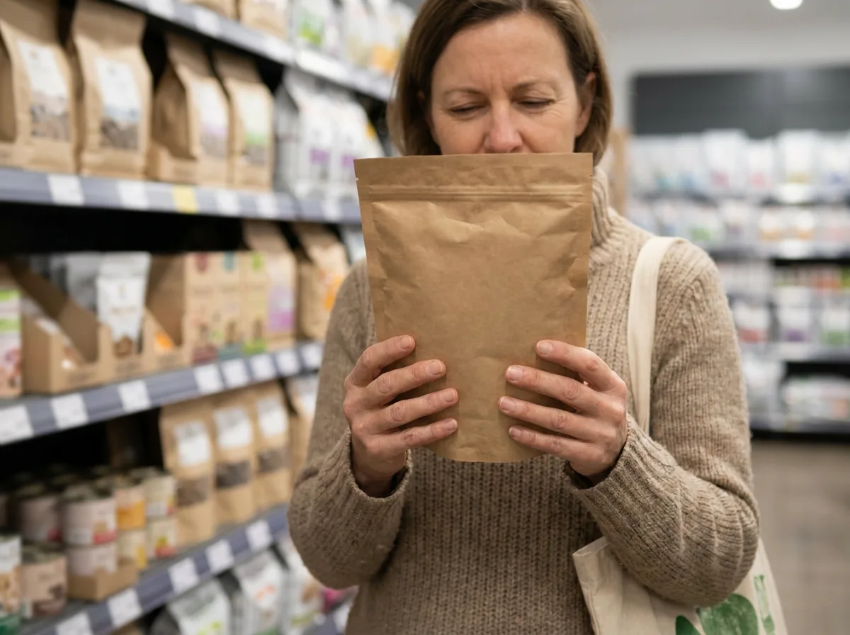 Shopper examining a cat food bag in a pet-food aisle.
