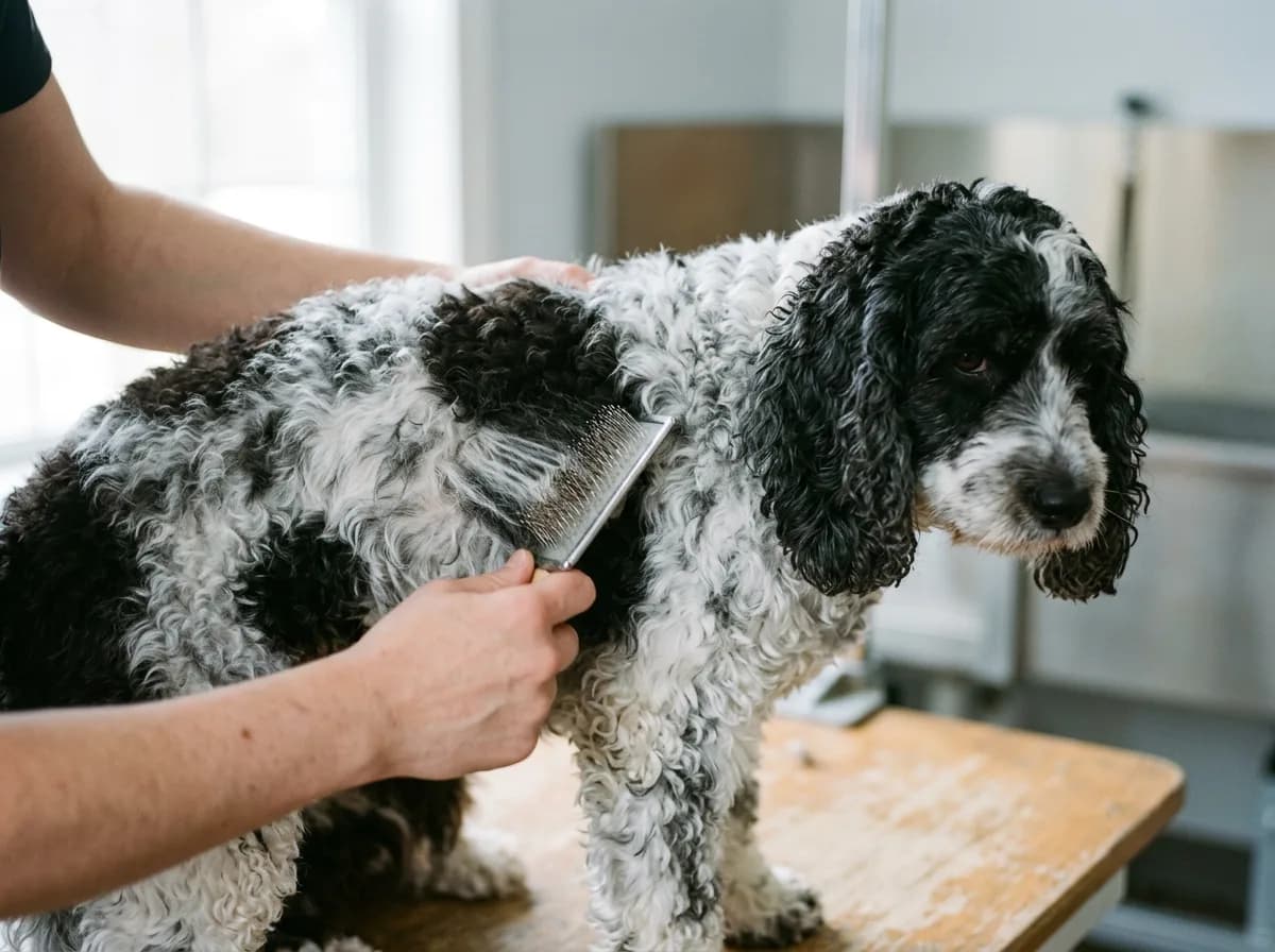 Full-grown parti cockapoo being brushed with a slicker brush on a grooming table, showing its curly adult coat texture
