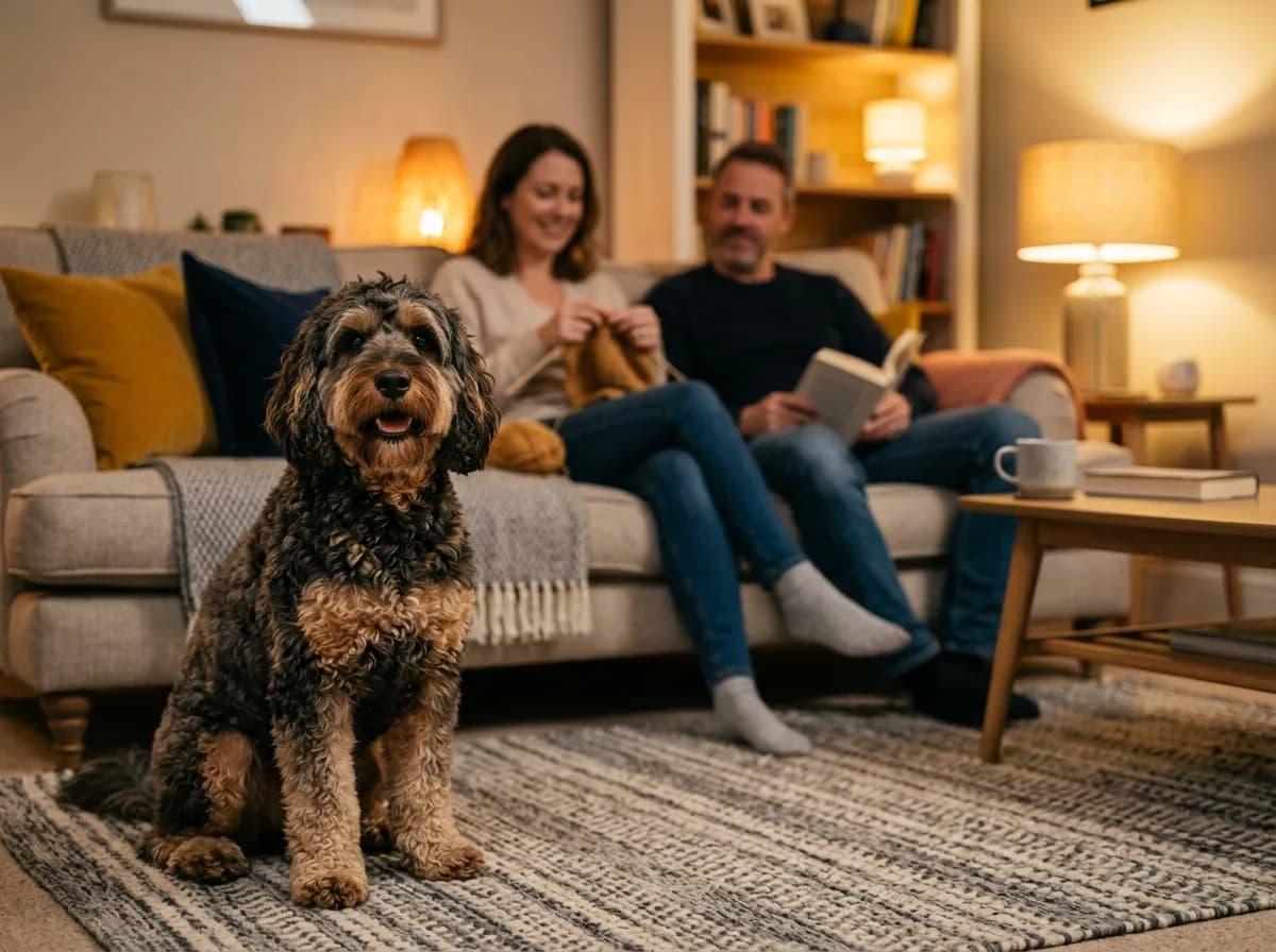 A full-grown sable cockapoo sitting calmly on a living-room rug with a relaxed family blurred behind it, as a settled family companion