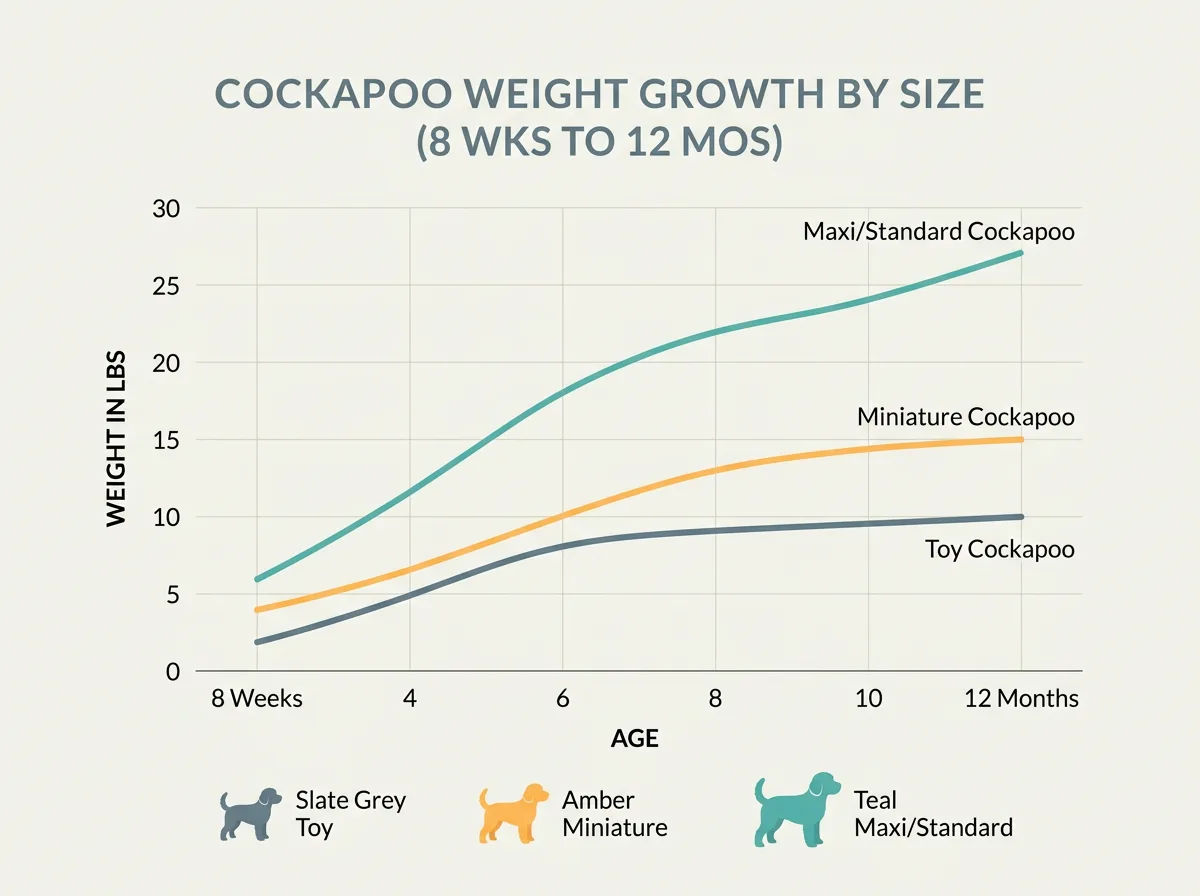 Line chart of cockapoo weight by age from 8 weeks to 12 months with separate rising curves for toy, mini and maxi sizes