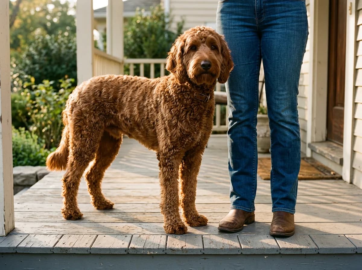Large maxi cockapoo standing on a porch next to a person's legs, its shoulder reaching mid-shin to show its full-grown size