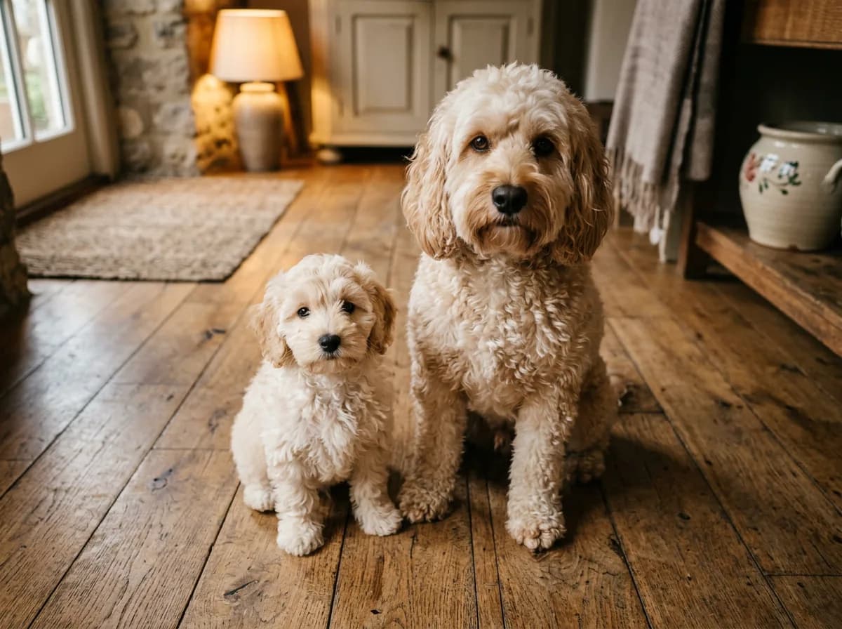 A cream cockapoo puppy sitting beside its adult cockapoo mother indoors, showing how the parent predicts the puppy's full-grown size