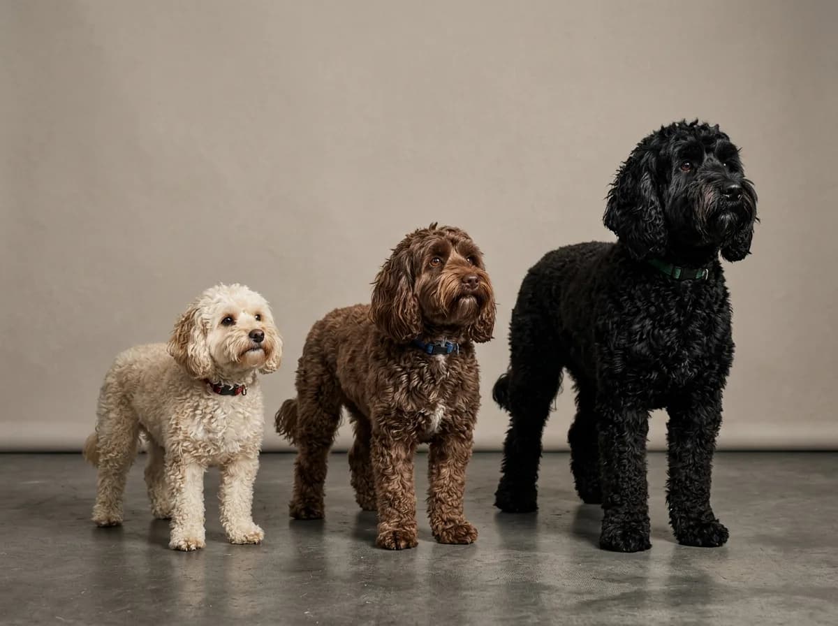 Toy, miniature and maxi cockapoos of three different coat colors standing side by side in a studio, showing the adult size range