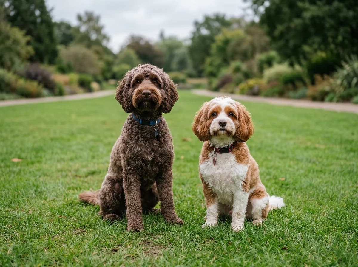 A full-grown chocolate cockapoo sitting beside a chestnut-and-white cavapoo on a park lawn, comparing the two doodle crosses