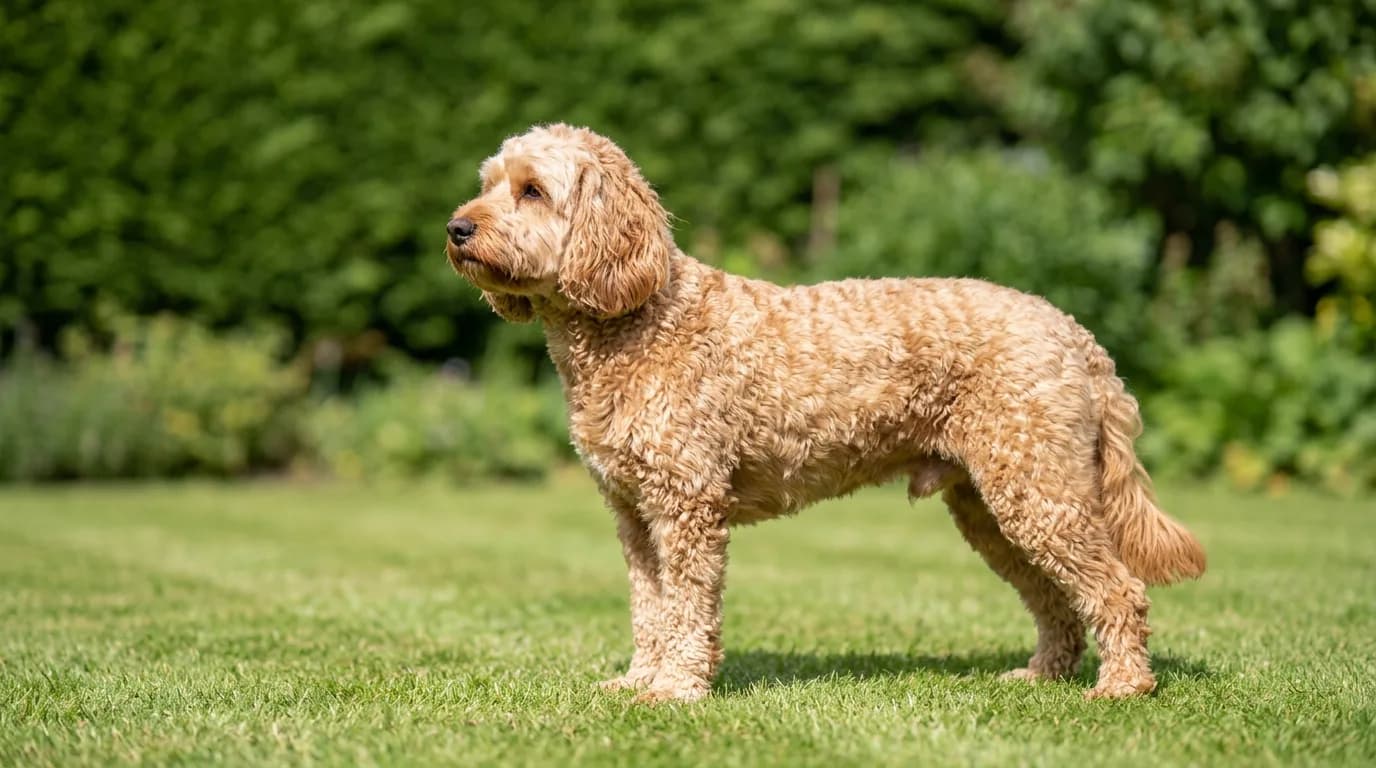 Full-grown apricot cockapoo standing in side profile on backyard grass, showing its adult medium build and curly coat