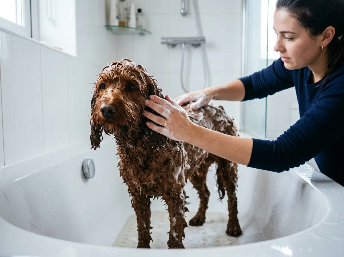 Wet red cockapoo standing calmly in a bathtub being lathered with dog shampoo while a hand shields its ear from water