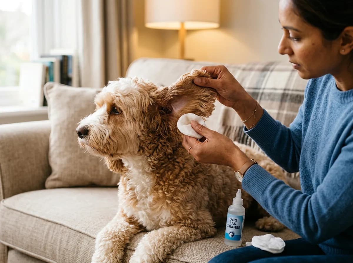 Person cleaning the lifted floppy ear of a calm apricot-and-white cockapoo with a cotton pad and dog ear cleaner on a sofa