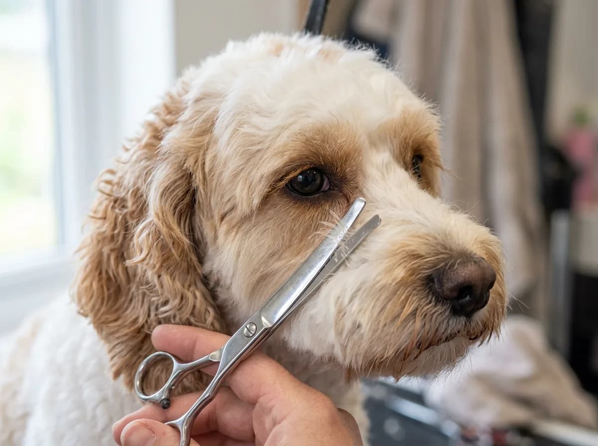 Close-up of rounded-tip scissors trimming the fur around the eyes of a white-and-tan parti cockapoo