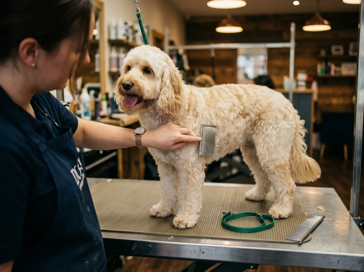 Groomer brushing a calm cream cockapoo on a stainless grooming table with a slicker brush and comb