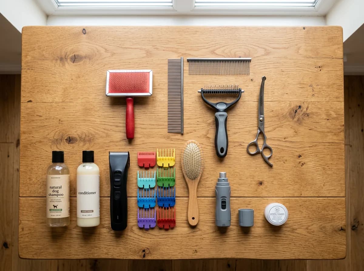 Overhead flat-lay of cockapoo grooming tools including a slicker brush, metal comb, dematting rake, scissors, clippers, pin brush and dog shampoo on a wooden table