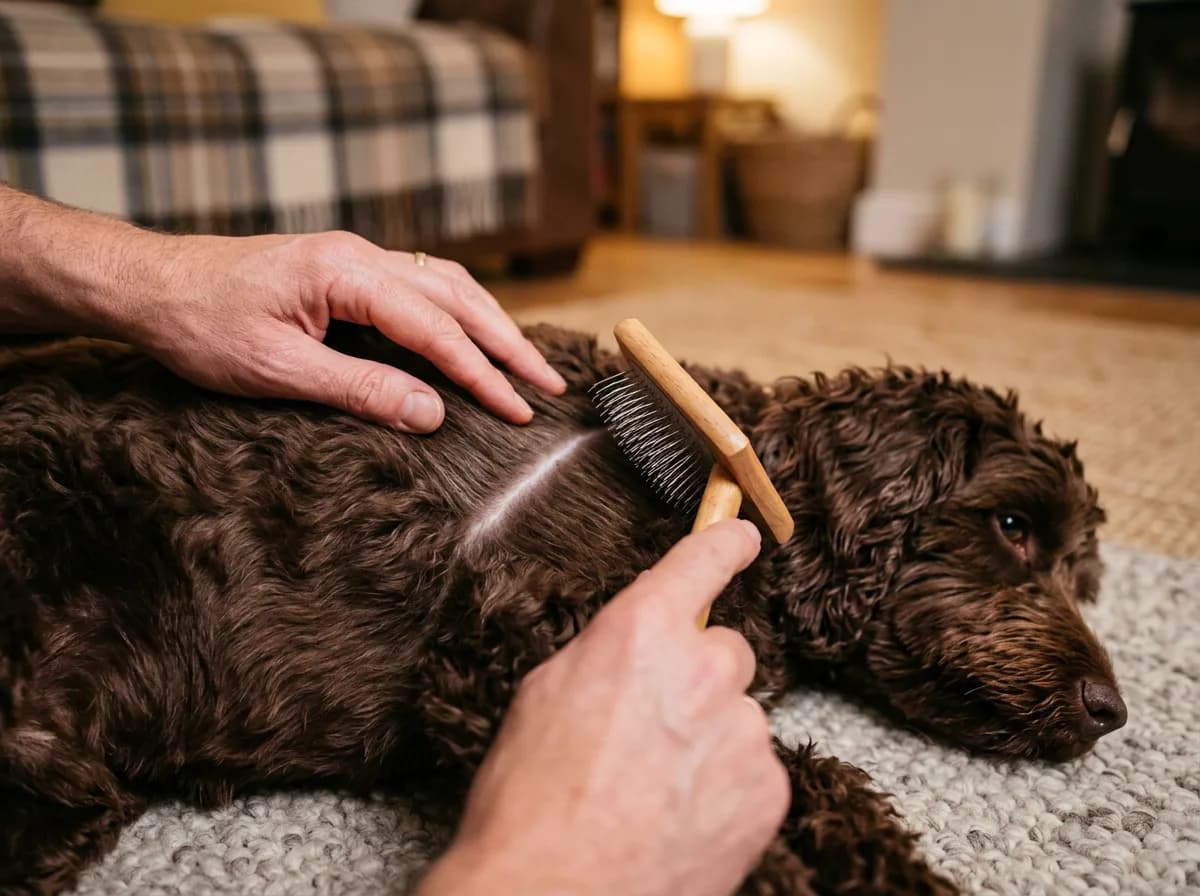 Close-up of hands parting a chocolate wavy cockapoo coat and line-brushing a section down to the skin with a slicker brush