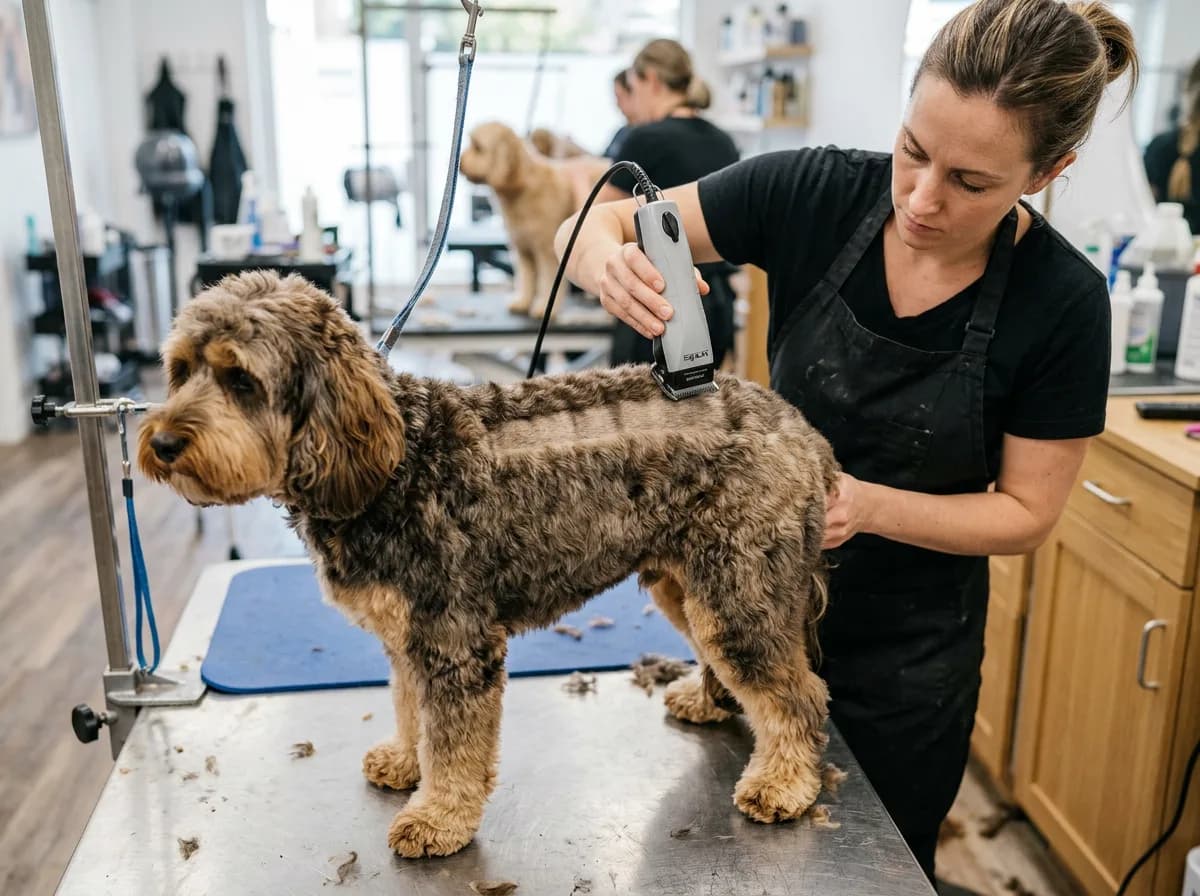 Professional groomer clipping the body coat of a sable-tan cockapoo to an even length with electric clippers on a grooming table