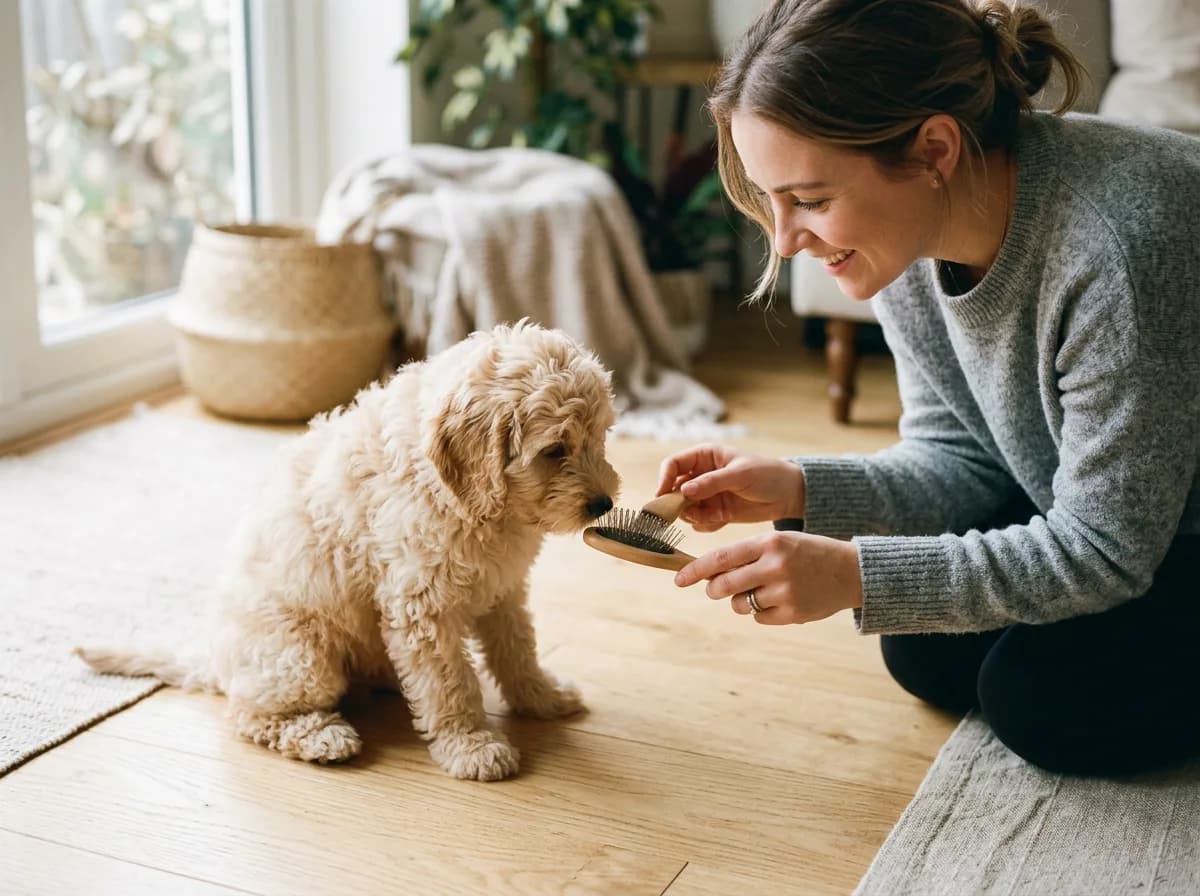 Cream-apricot cockapoo puppy being gently introduced to a soft pin brush by a smiling owner on a wood floor