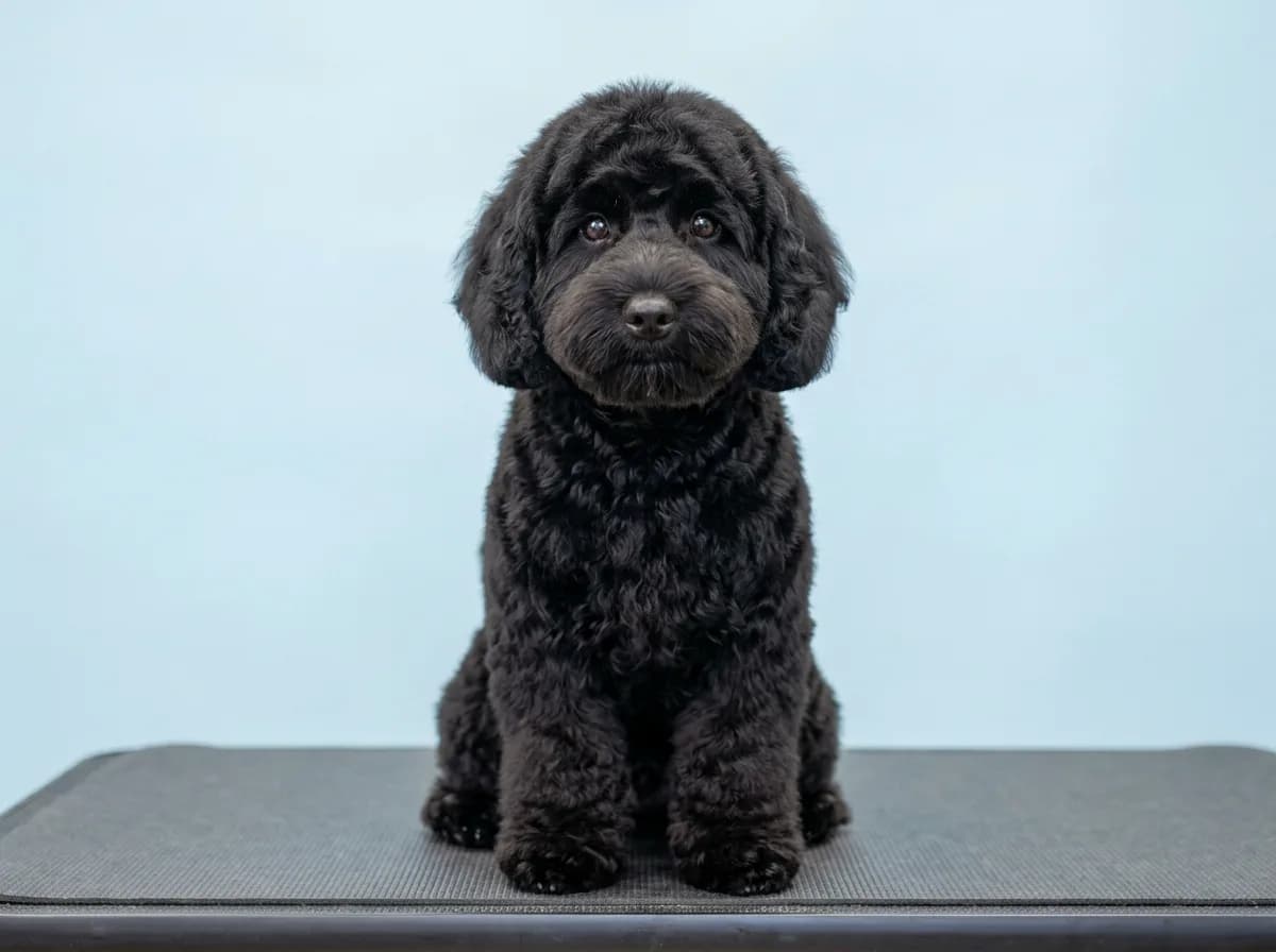 Black cockapoo groomed in a rounded fluffy teddy bear cut sitting on a groomer's table against a pale-blue backdrop