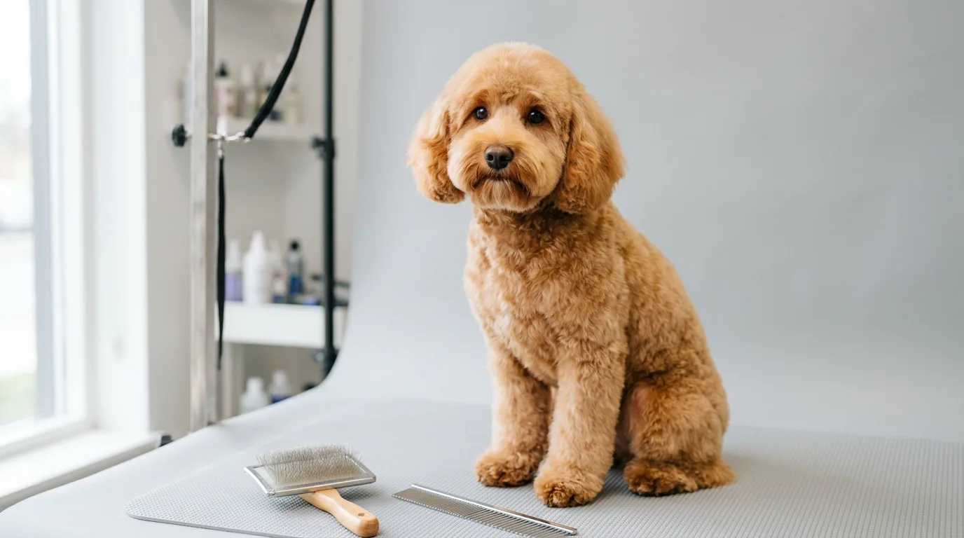 Apricot cockapoo groomed in a rounded teddy bear cut sitting on a studio backdrop with a slicker brush and metal comb nearby