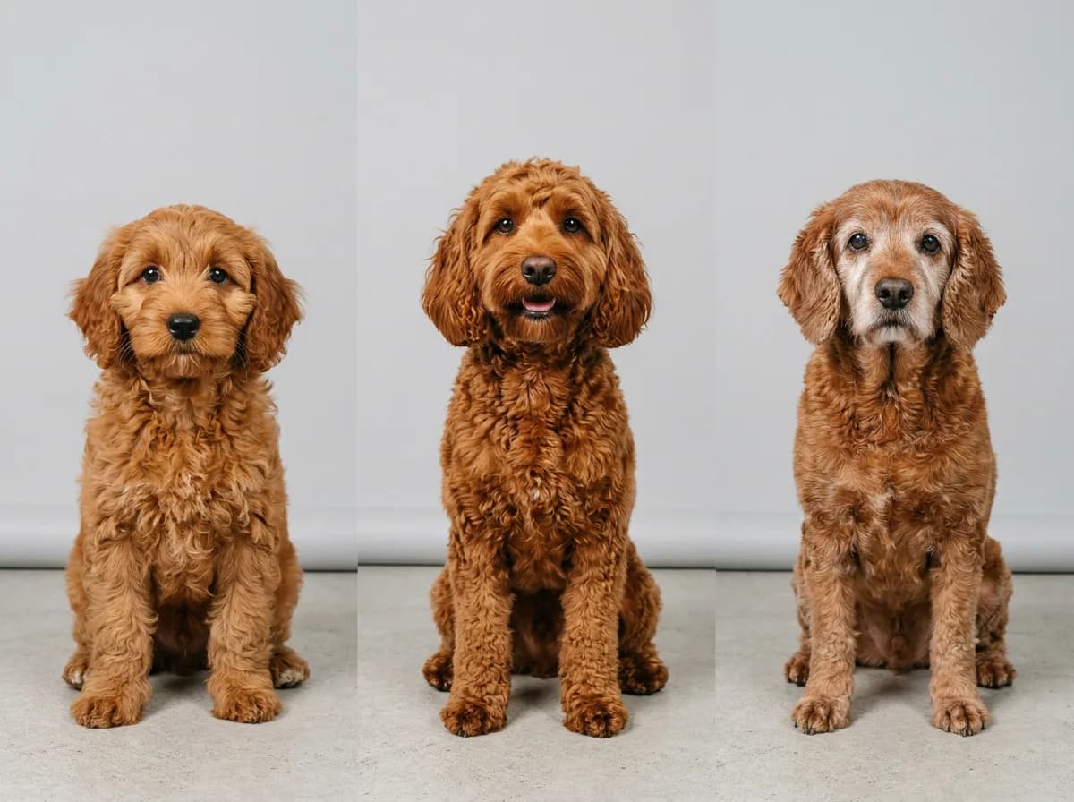 A cockapoo puppy, adult and grey-muzzled senior side by side showing three life stages