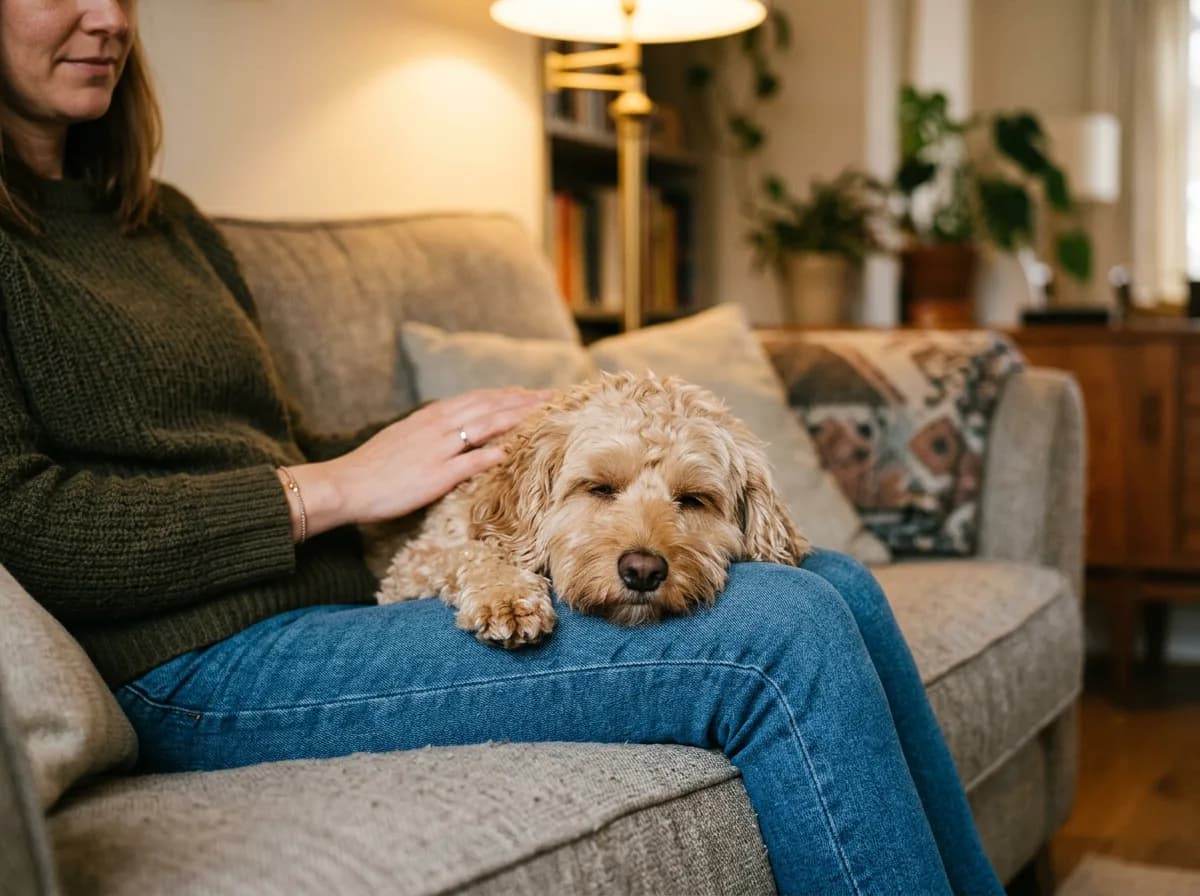 A cockapoo resting its head on its owner's lap on a sofa, relaxed and content