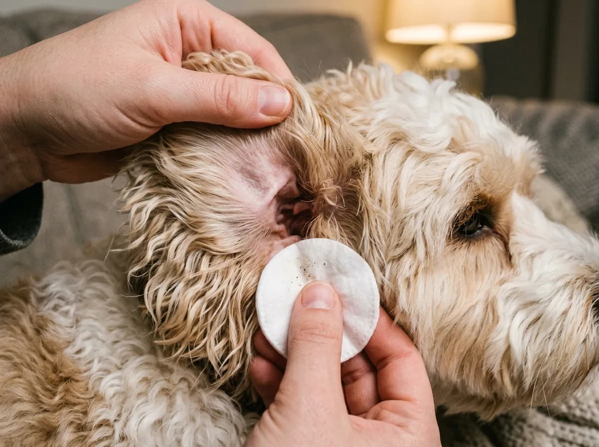 Close-up of a cockapoo's floppy ear being gently lifted and cleaned during routine ear care