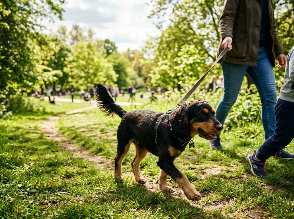 Healthy black-and-tan cockapoo walking on a leash beside a family in a green park