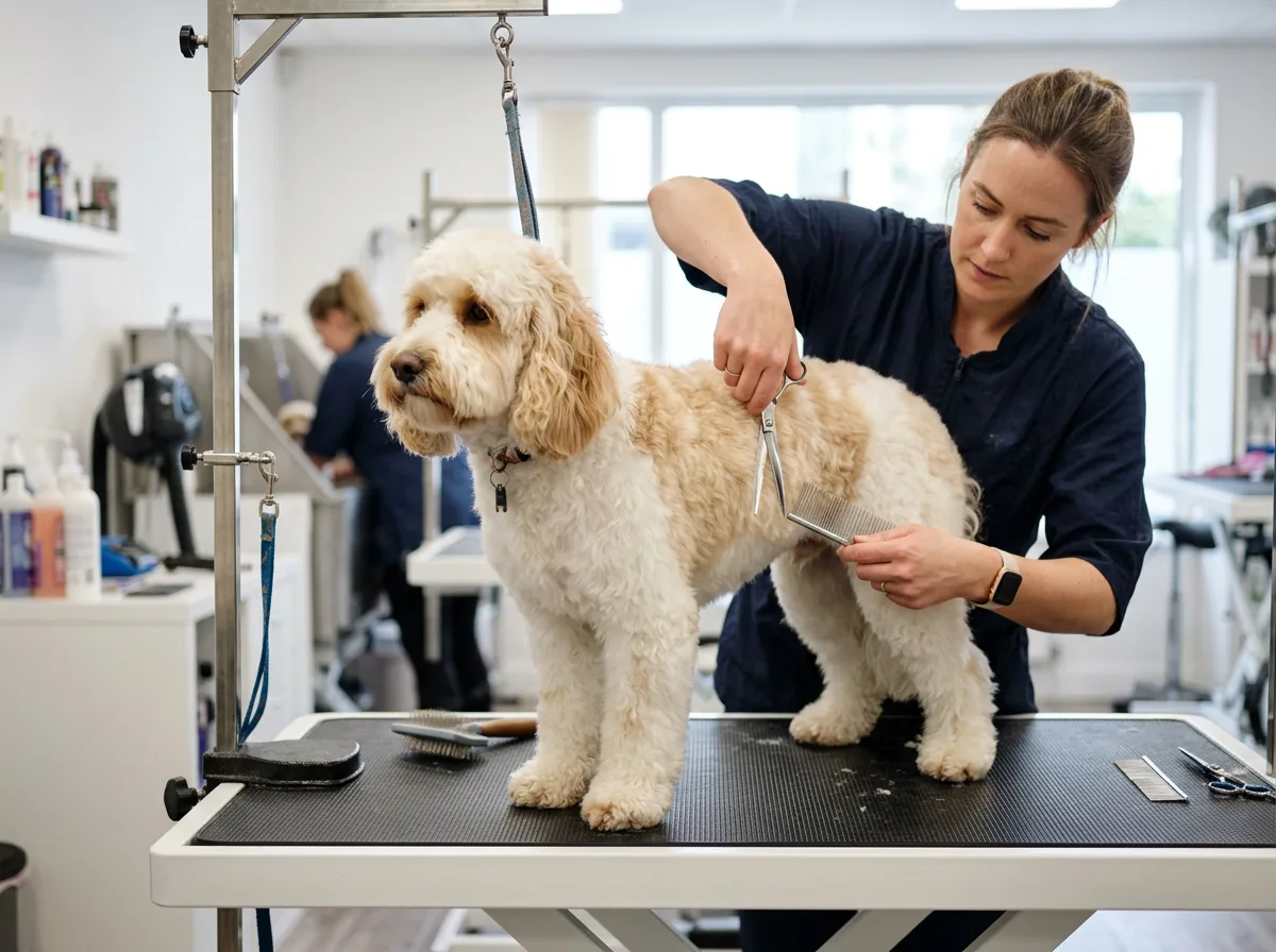 A white-and-apricot cockapoo being professionally groomed on a table with scissors and comb