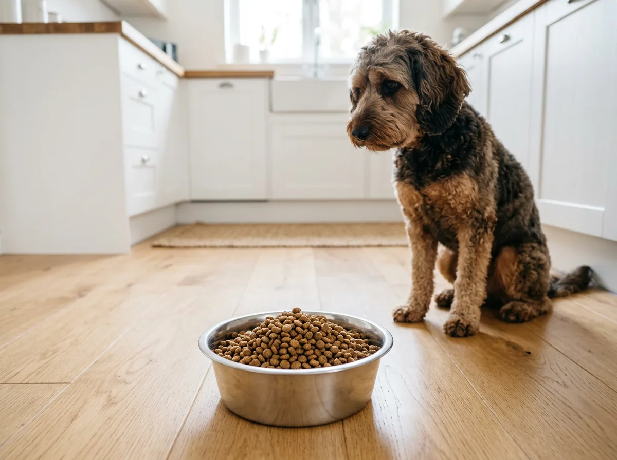 A measured portion of dog food in a bowl with a healthy-weight cockapoo waiting patiently