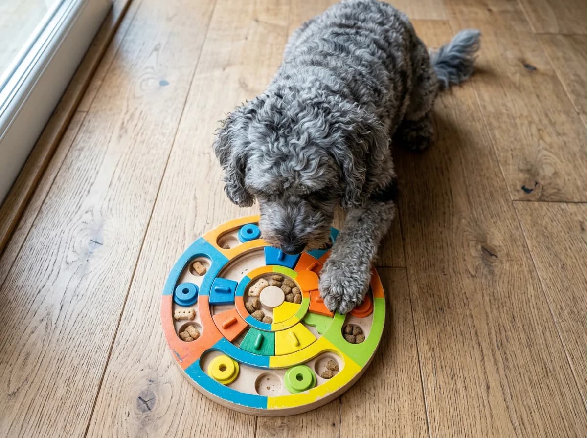 A merle-grey cockapoo working at a puzzle feeder toy on the floor showing mental enrichment
