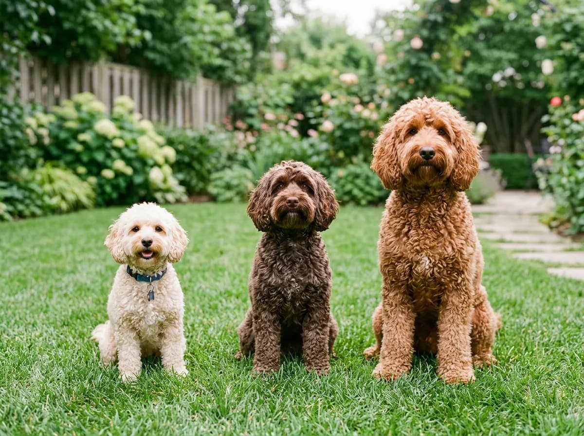 Three cockapoos of toy, miniature and maxi sizes sitting side by side on grass showing the size range
