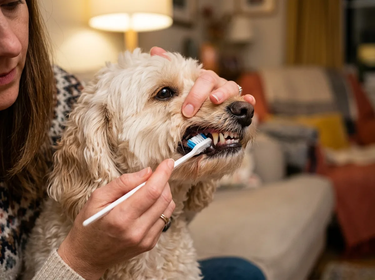 Owner brushing a cooperative cream cockapoo's teeth with a dog toothbrush