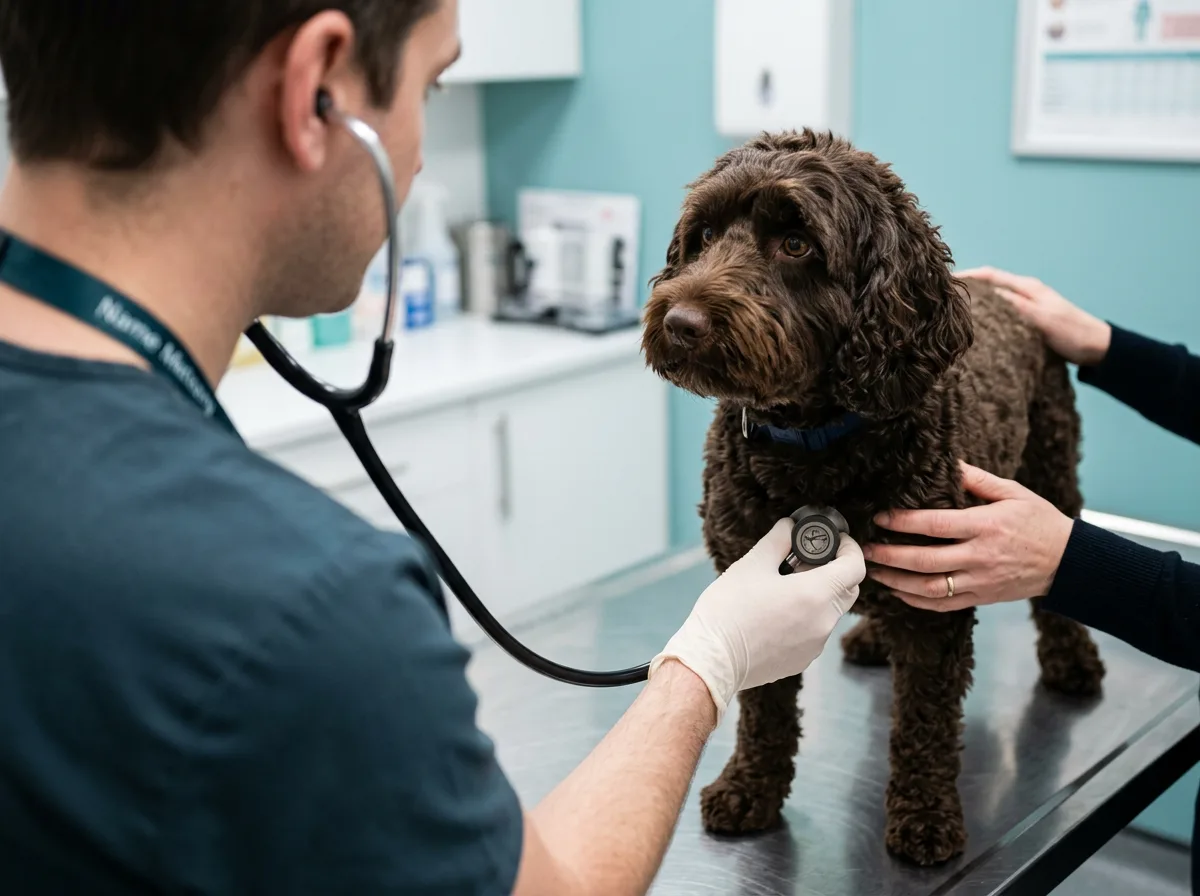 Veterinarian listening with a stethoscope to a calm chocolate cockapoo on an exam table