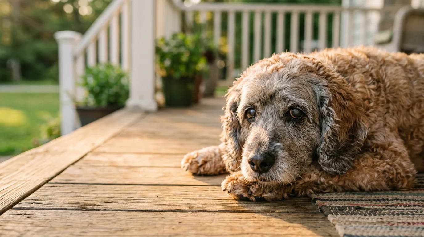 Senior apricot cockapoo with a greying muzzle resting calmly on a sunlit wooden porch