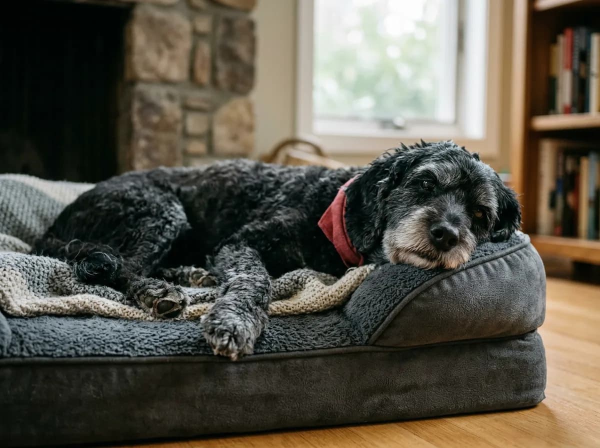 A grey-muzzled senior black cockapoo resting comfortably on an orthopedic dog bed