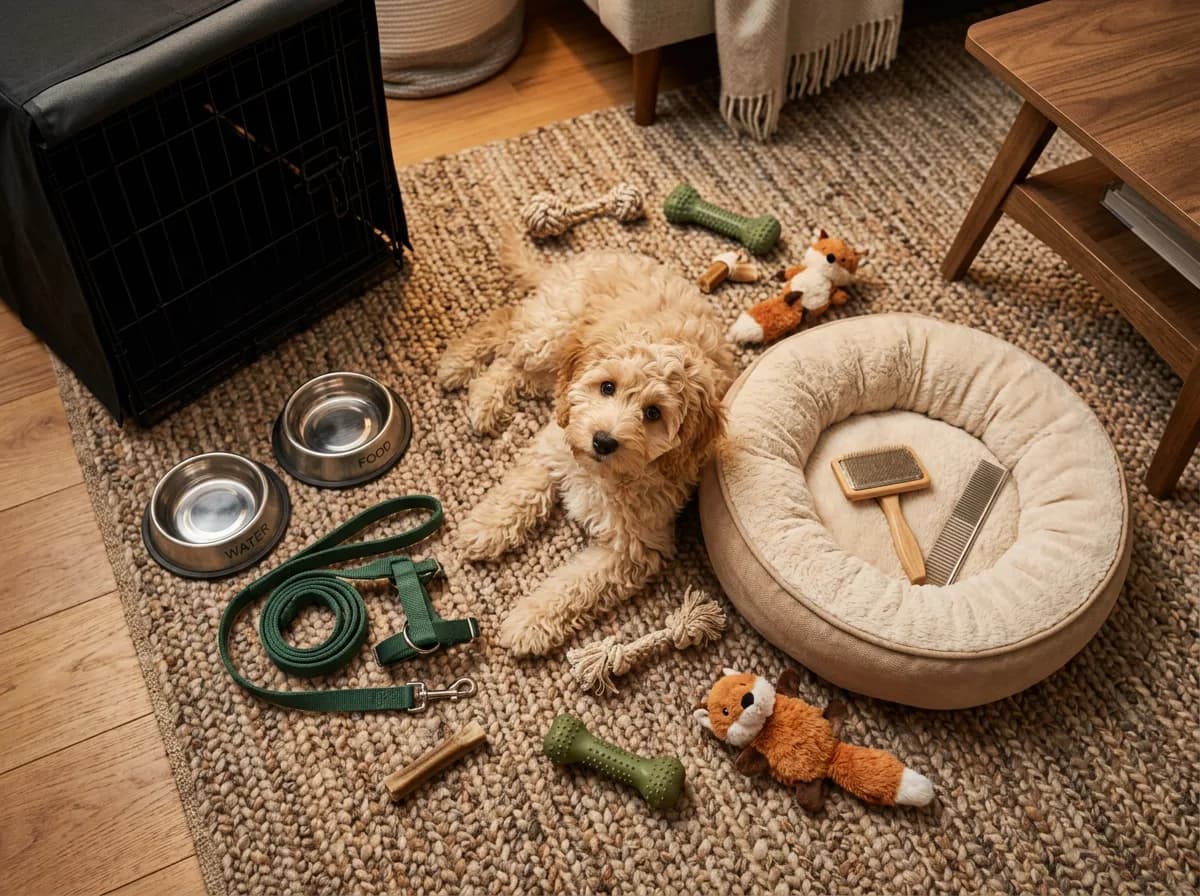 Overhead flat-lay of new-puppy supplies, crate, bowls, leash, brush and bed, arranged on a rug around a small cream cockapoo puppy