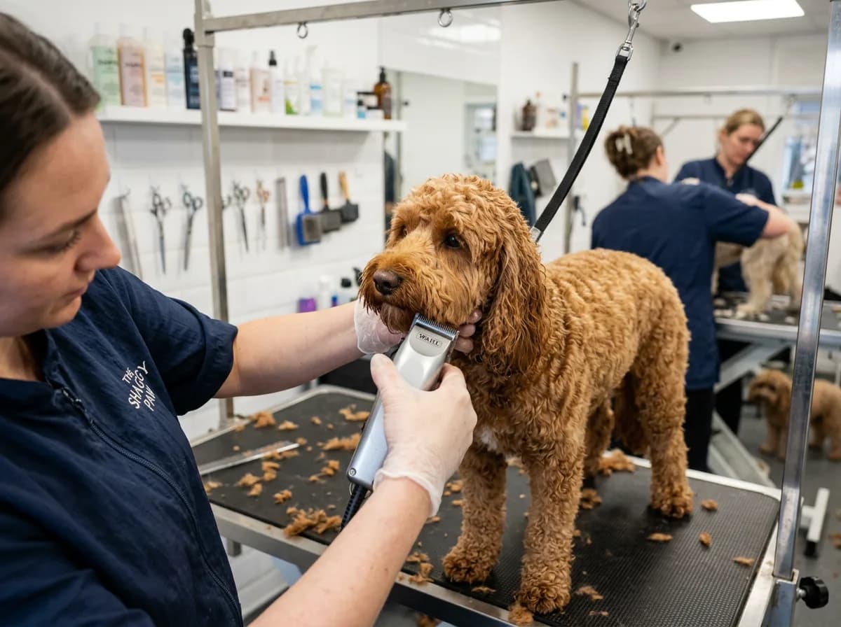 A red-apricot cockapoo being trimmed with clippers by a groomer on a stainless steel grooming table in a salon