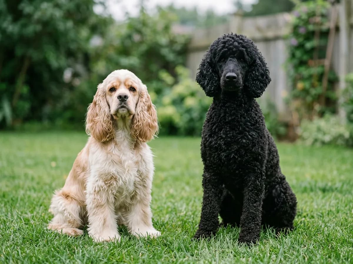 A buff cocker spaniel and a black standard poodle sitting side by side on a grassy lawn, the two parent breeds of a cockapoo