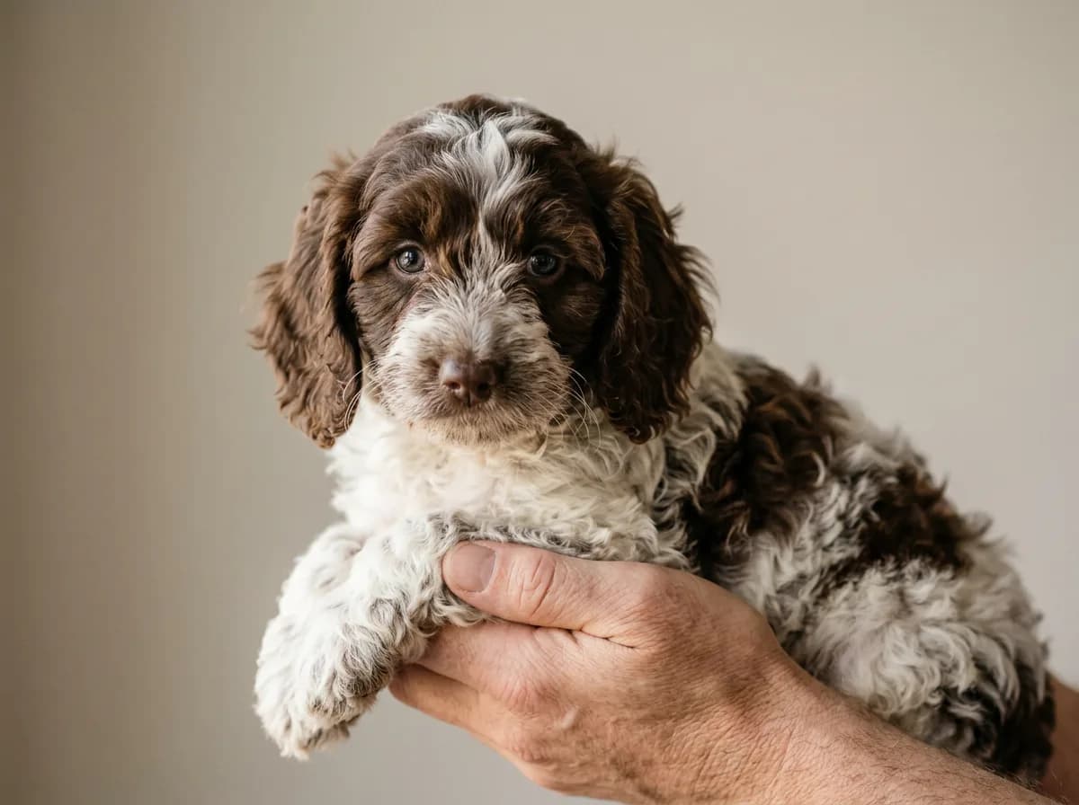 Chocolate-and-white parti cockapoo puppy held gently in cupped hands against a soft neutral studio background
