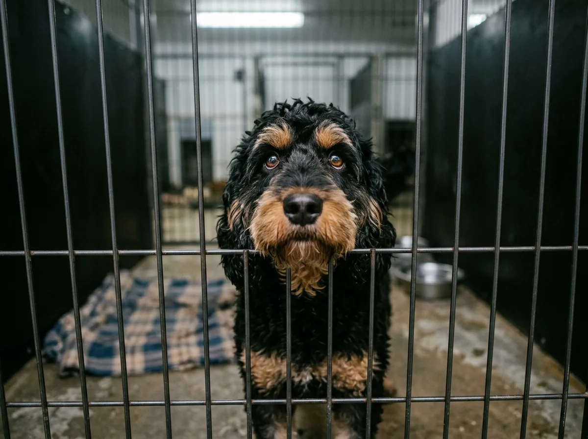 A shaggy black-and-tan adult cockapoo looking up hopefully through a wire kennel gate at an animal rescue