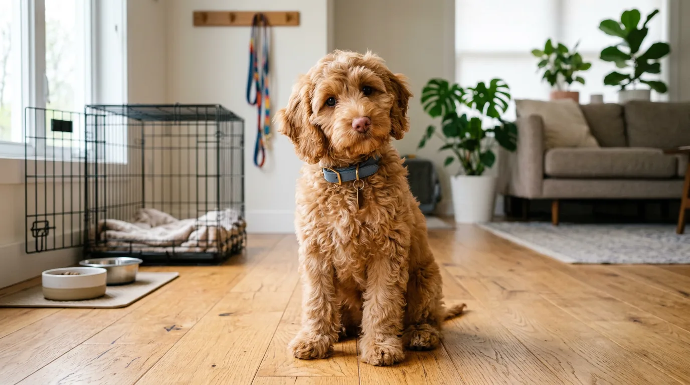 Apricot curly-coated cockapoo puppy sitting on a hardwood floor in a bright living room with a crate and supplies blurred behind it