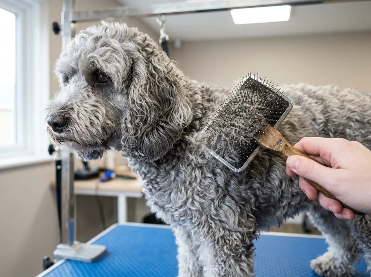 Silver-grey cockapoo being brushed with a slicker brush on a grooming table, showing the dense curly coat and high grooming commitment