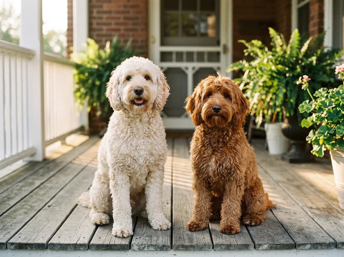 A larger cream male cockapoo and a smaller red female cockapoo sitting side by side on a porch, illustrating minor temperament differences between the sexes
