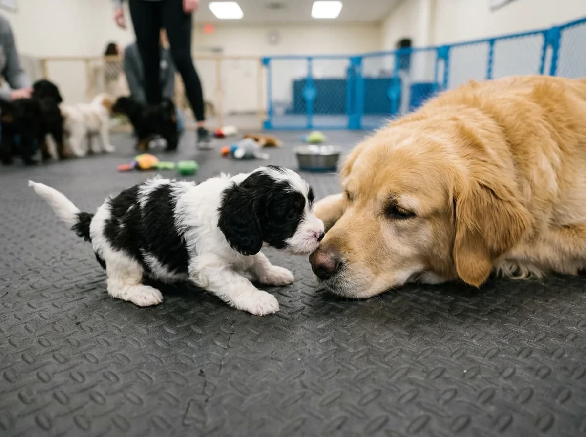 Black-and-white cockapoo puppy cautiously greeting a calm adult dog at an indoor puppy class, showing early socialization