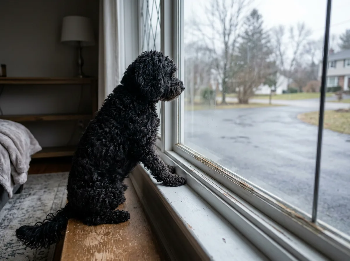 Black curly-coated cockapoo sitting alone with paws on a windowsill looking out at an empty driveway, conveying separation anxiety when left alone