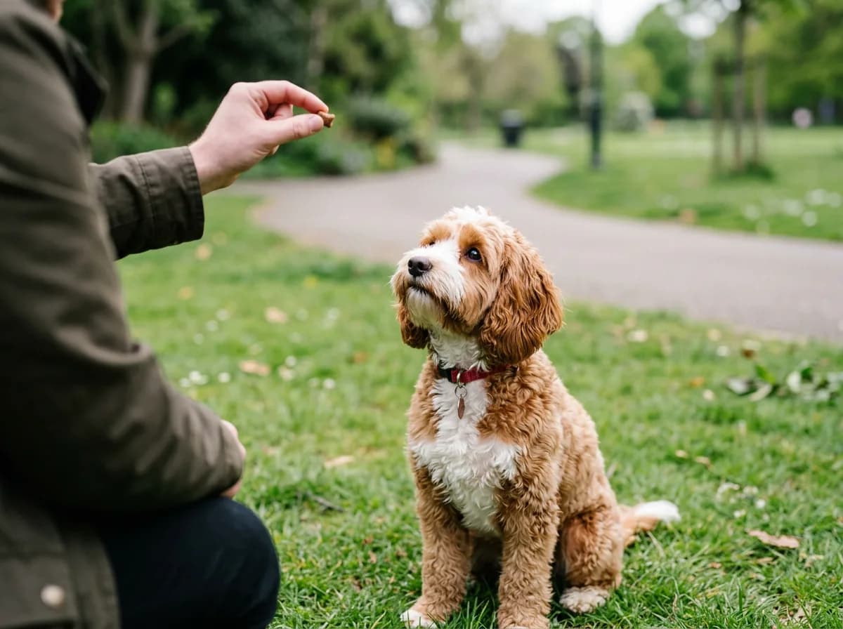 Red-and-white parti cockapoo sitting attentively in a park focused on a treat during a positive-reinforcement training session