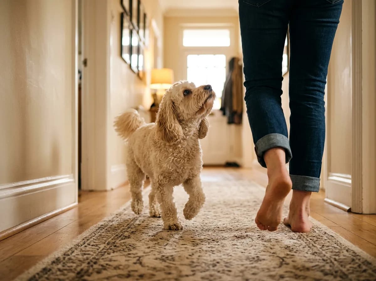 Cream cockapoo trotting closely at its owner's heels down a home hallway, capturing the breed's velcro one-person bonding