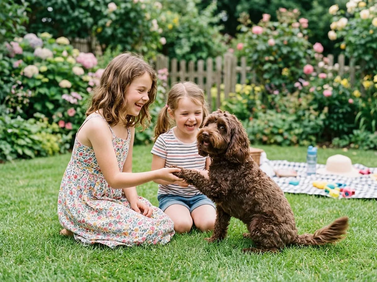 Chocolate cockapoo playing gently with two young laughing children on a garden lawn, illustrating the breed's suitability as a family dog