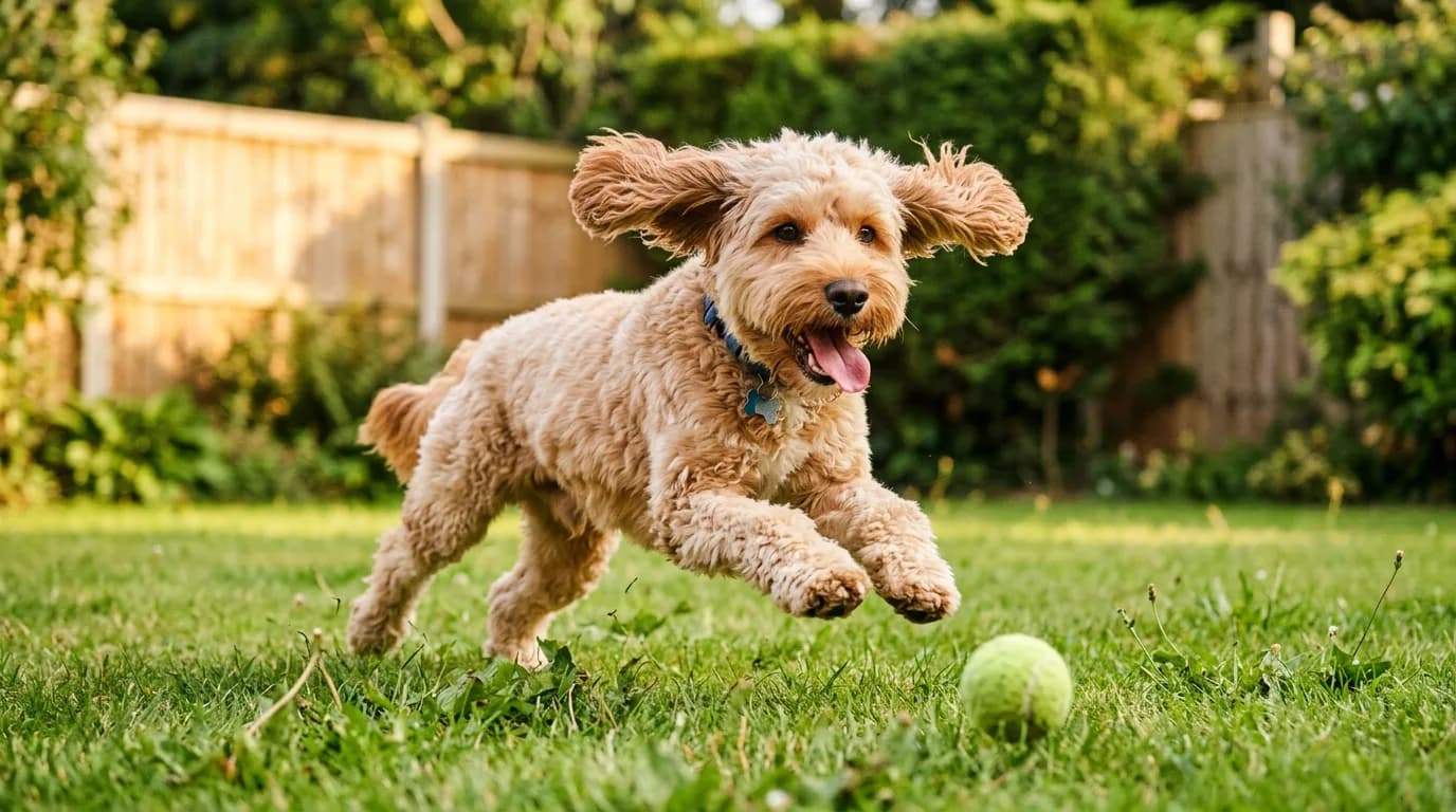 Apricot cockapoo bounding joyfully across a sunlit backyard lawn chasing a tennis ball, showing the breed's playful, energetic temperament
