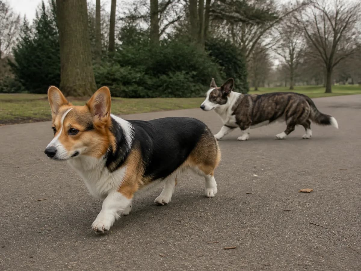Tricolor Pembroke crossing a park path ahead of a brindle long-tailed Cardigan