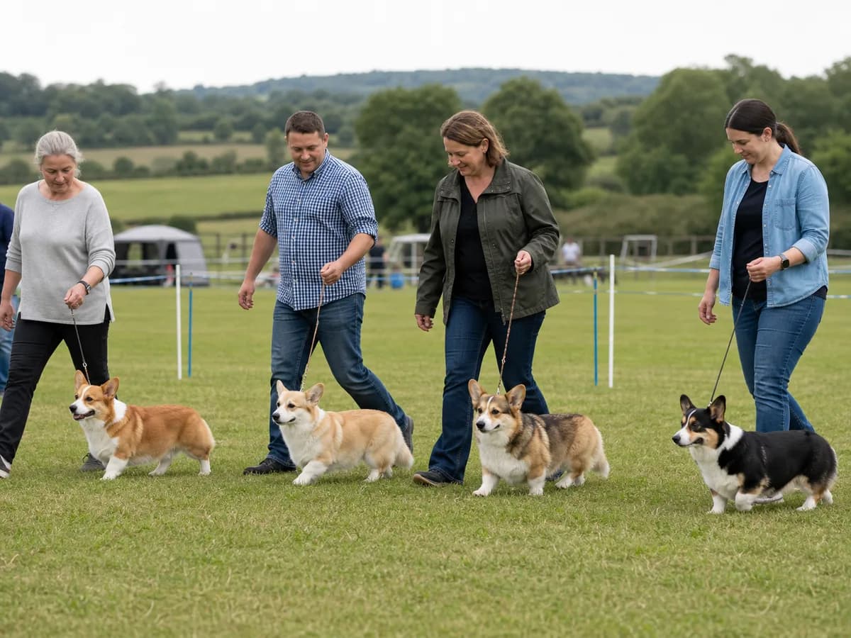 Four Pembroke Welsh Corgis showing red, fawn, sable, and tricolor coats at a show ground